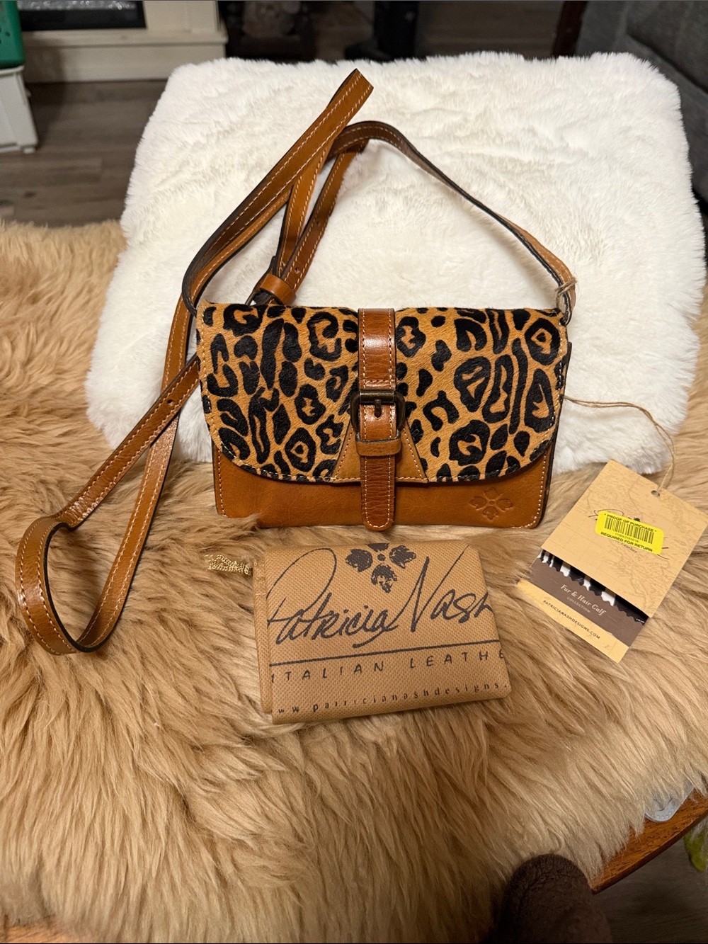 Patricia Nash Leather and Leopard Calf Hair Crossbody Bag NWT